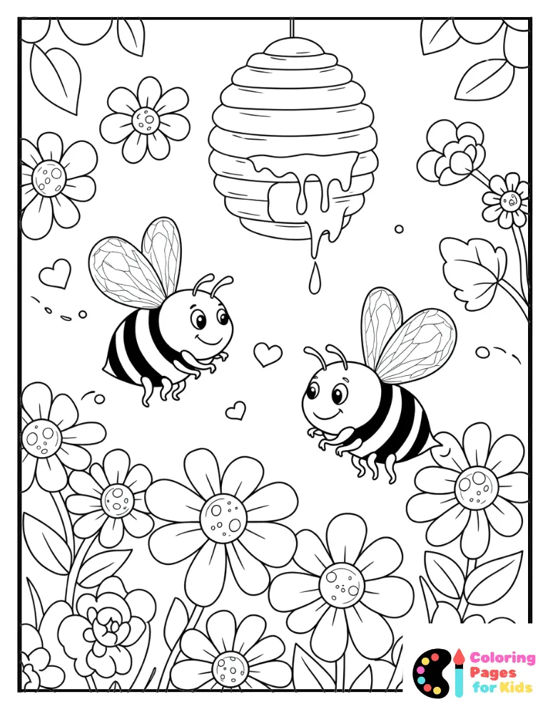 Spring Coloring Pages for Kids (Free PDF Printable) 17 Bees, Beehives, Honey, and Flowers Coloring Page