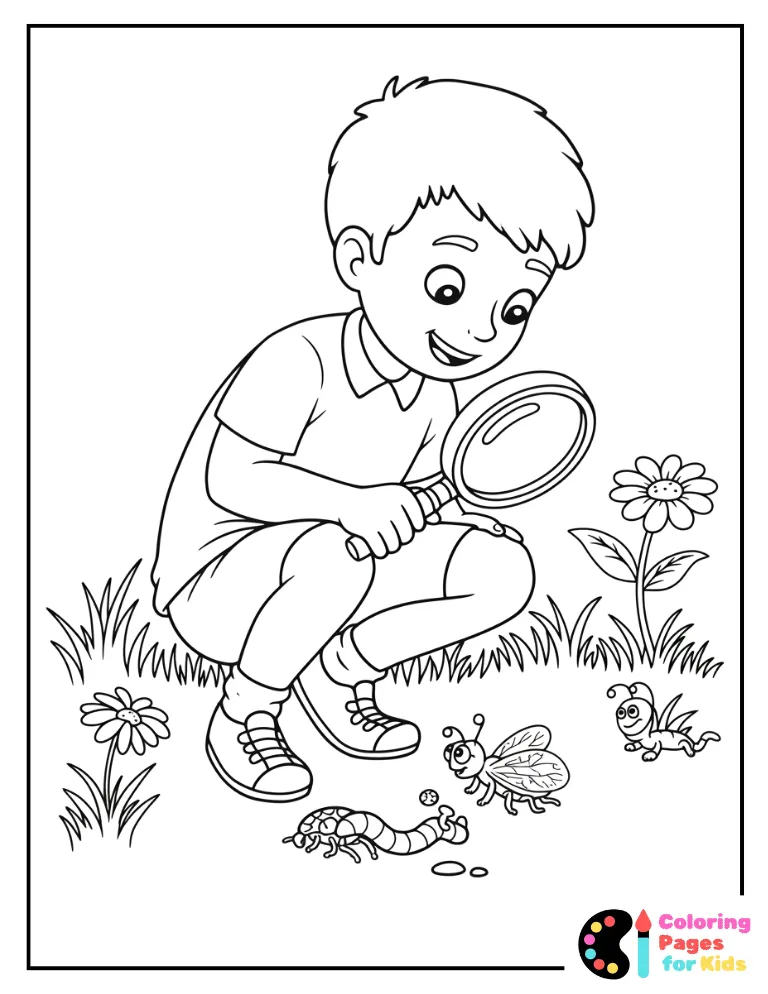 Spring Coloring Pages for Kids (Free PDF Printable) 14 Boy Looks at Worms and Bugs in Magnifying Glass Coloring Page