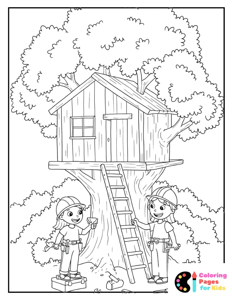 Spring Coloring Pages for Kids (Free PDF Printable) 16 Boy and Girl Build a Treehouse Outdoors Coloring Page