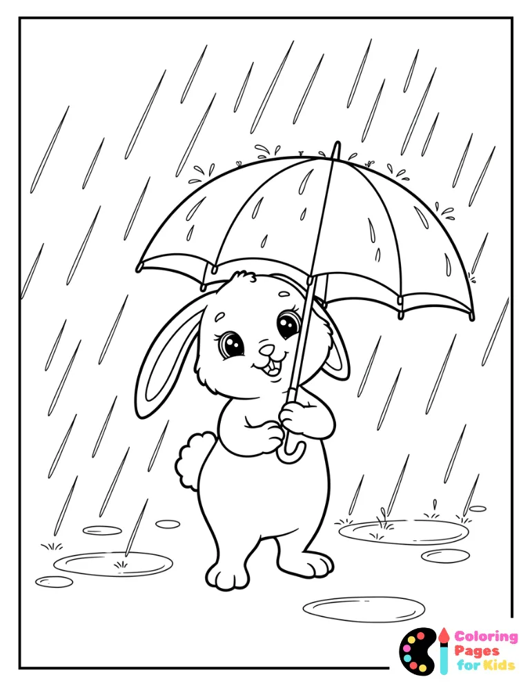 Spring Coloring Pages for Kids (Free PDF Printable) 12 Bunny Holds Umbrella in the Rain Coloring Page