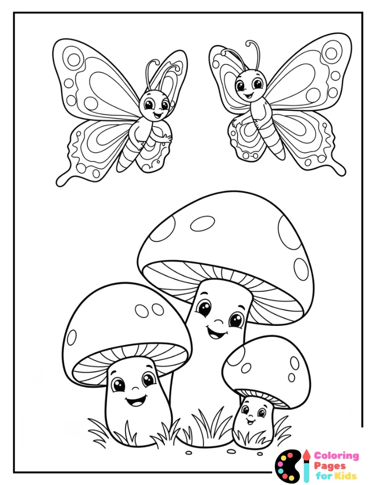 Butterflies and Mushrooms Butterfly Coloring Page