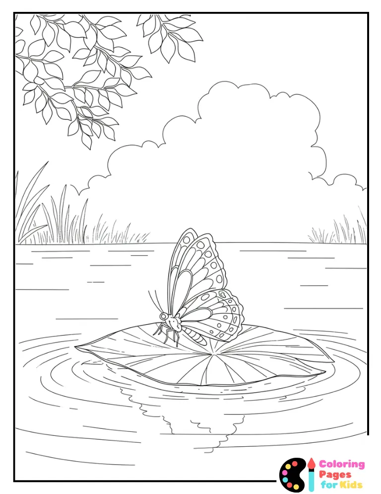 Butterfly on Leaf Floating in Lake