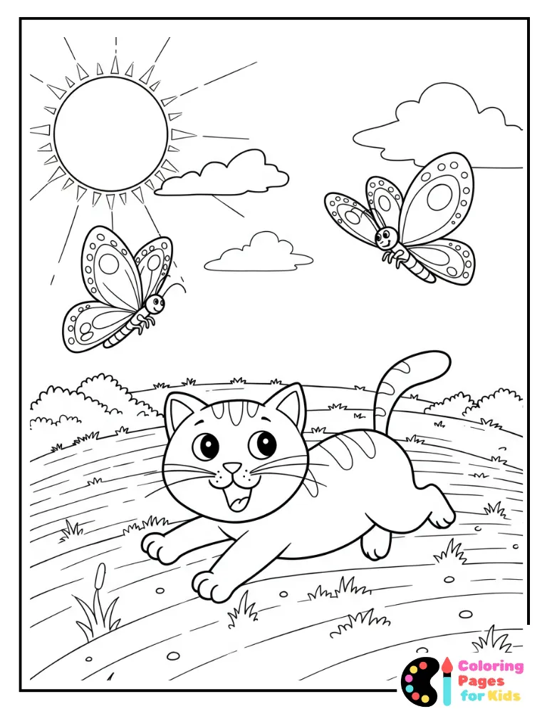 Cat Chasing Butterflies and Pretty Flowers with Butterflies