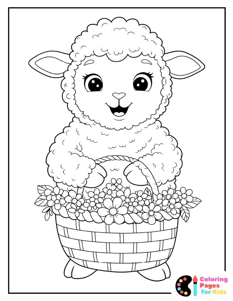 Spring Coloring Pages for Kids (Free PDF Printable) 11 Cute Lamb with Basket of Flowers Coloring Page