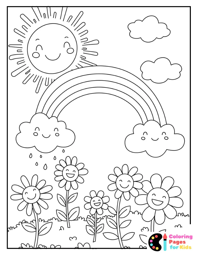 Spring Coloring Pages for Kids (Free PDF Printable) 9 Cute Spring Doodle Coloring Page with Rainbows and Sun