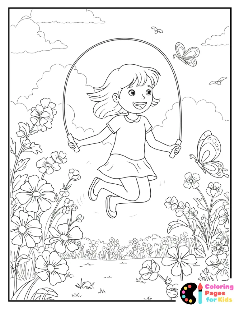 Spring Coloring Pages for Kids (Free PDF Printable) 8 Girl Jumping Rope in Flower Garden Coloring Page for Kids