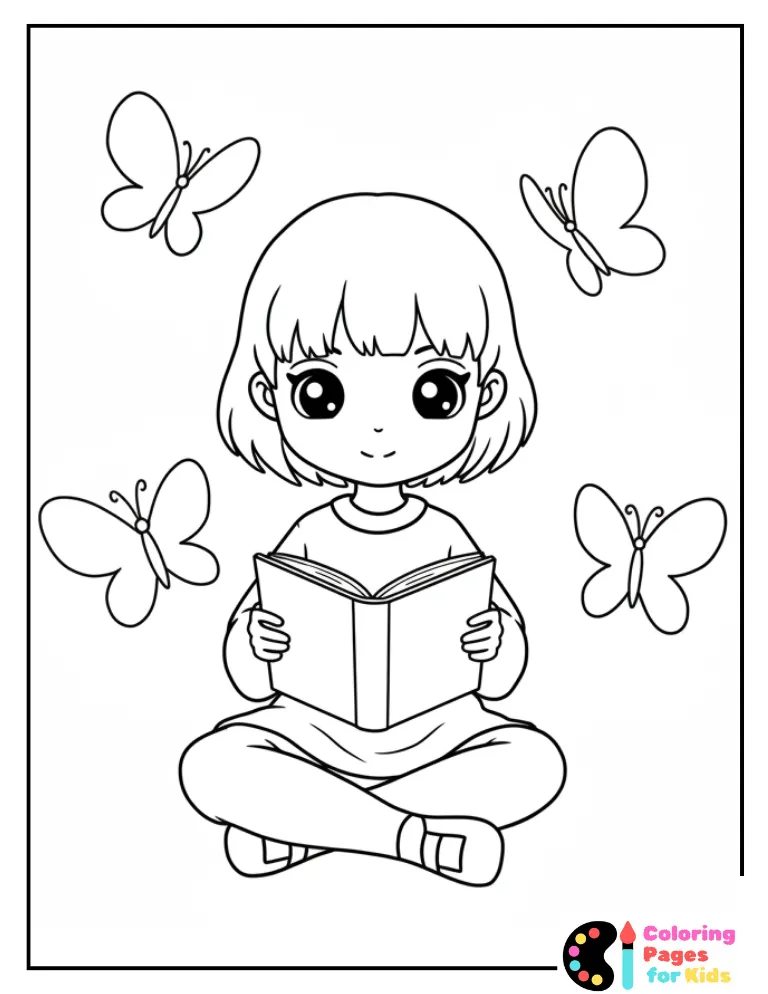 Girl Reading Book Surrounded by Butterfliesto Color Kawaii Butterfly for Preschoolers