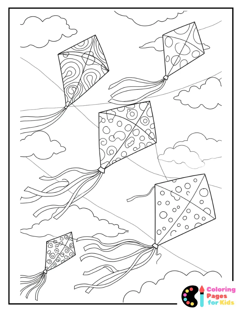 Spring Coloring Pages for Kids (Free PDF Printable) 7 Kites in the Sky Coloring Page