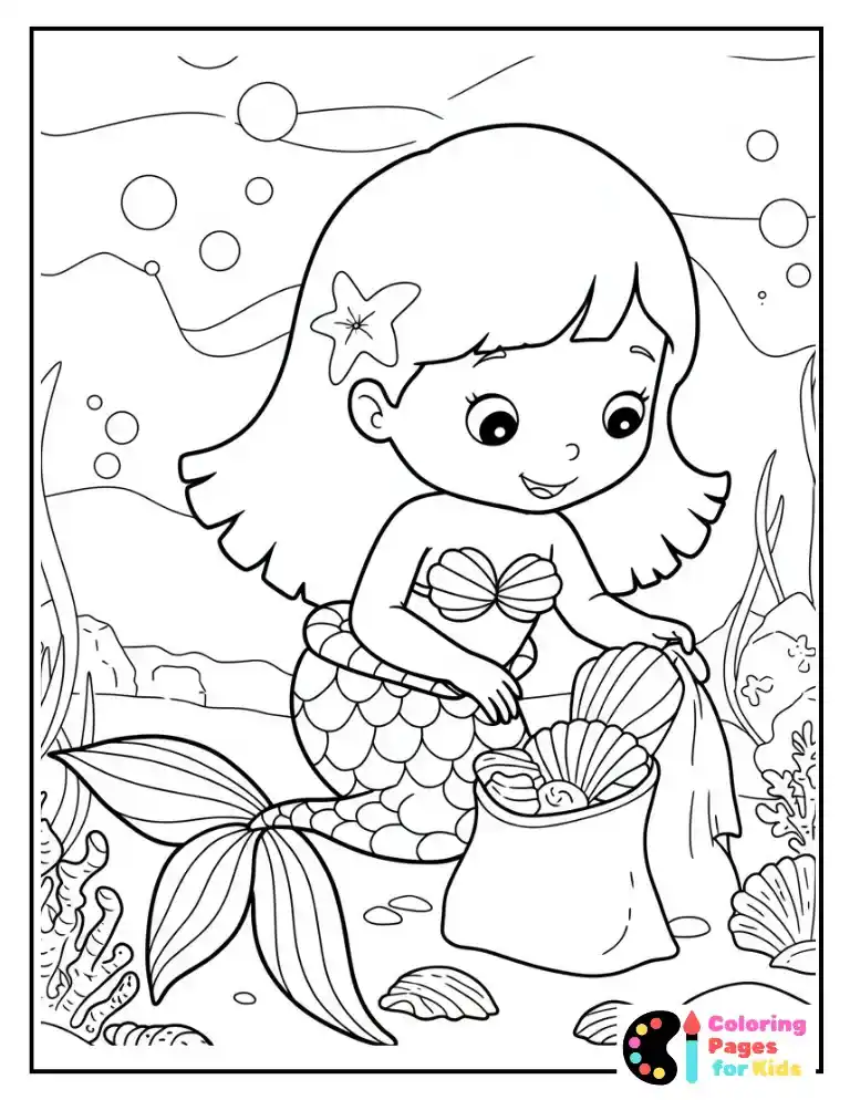 Mermaid Coloring Pages for Kids (Free PDF Printable) 17 Mermaid Collecting Seashells