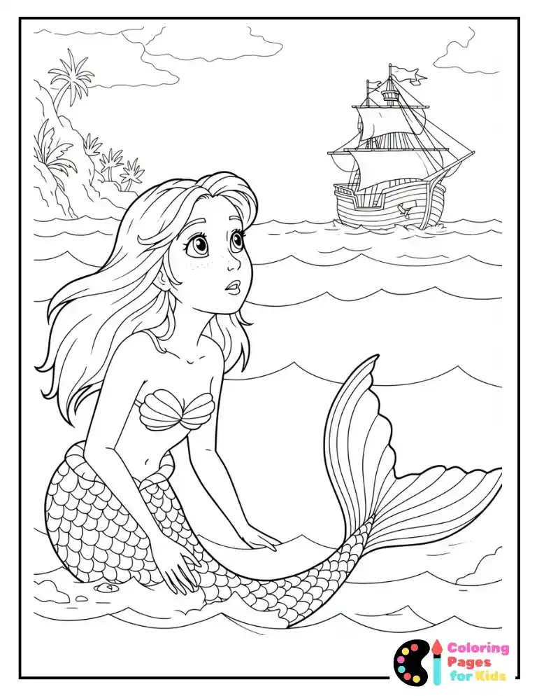 Mermaid Coloring Pages for Kids (Free PDF Printable) 11 Mermaid Sees Ship