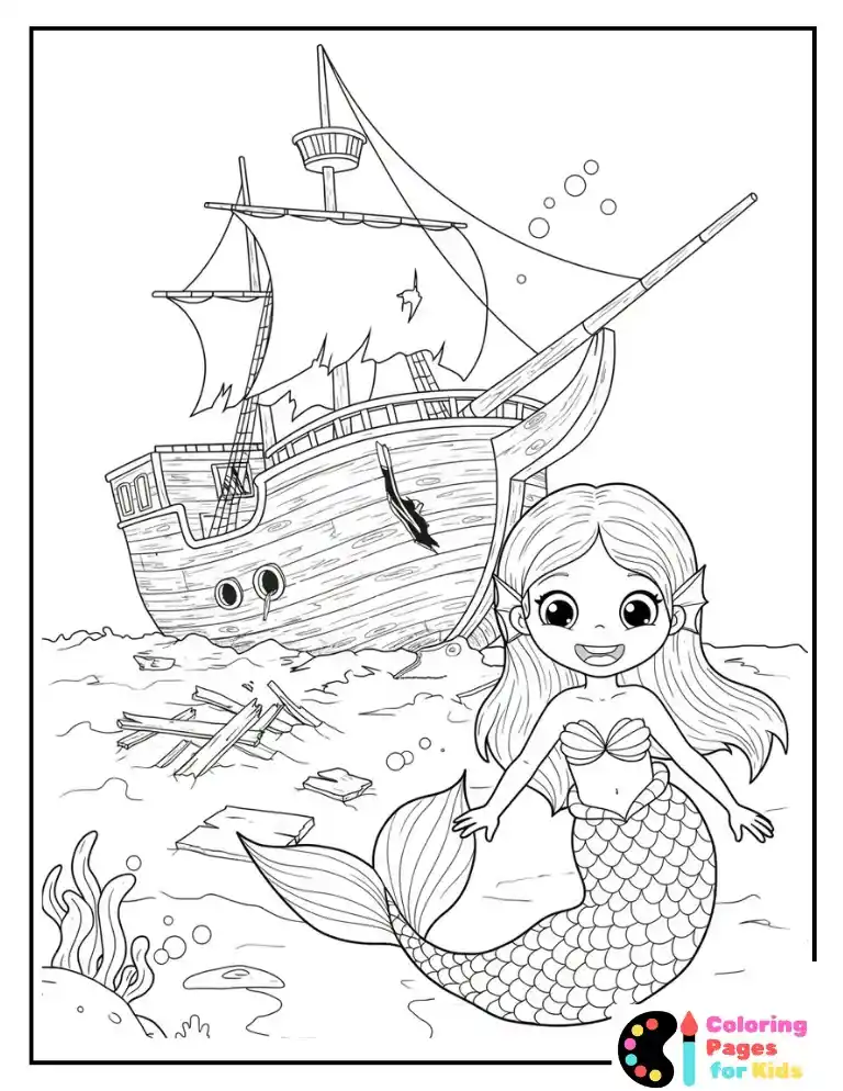 Mermaid Coloring Pages for Kids (Free PDF Printable) 18 Mermaid and Sunken Ship