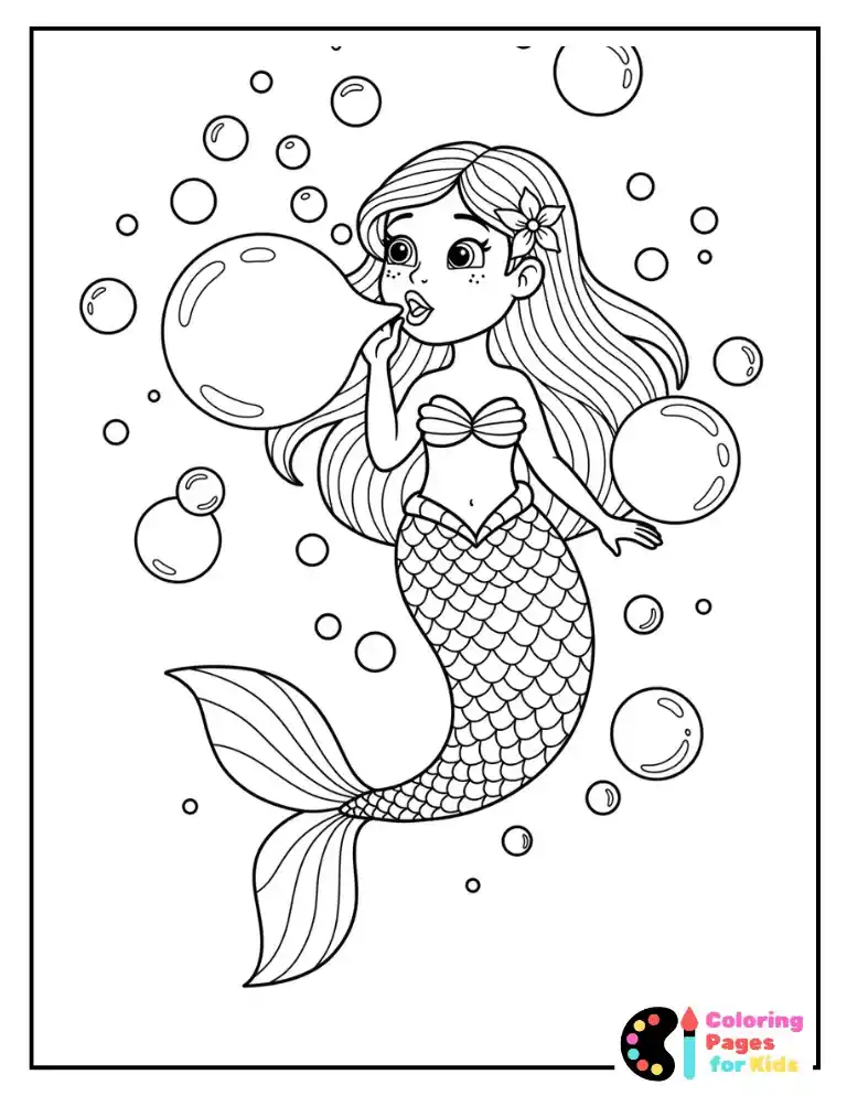 Mermaid Coloring Pages for Kids (Free PDF Printable) 9 Mermaid with Bubbles