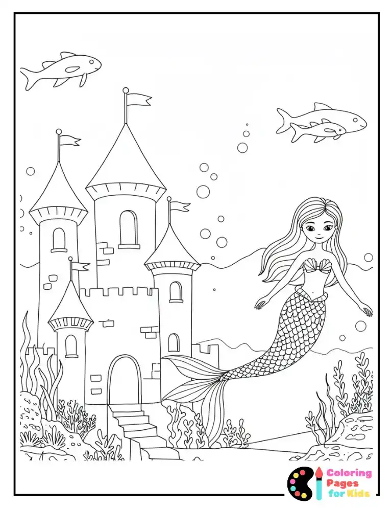 Mermaid Coloring Pages for Kids (Free PDF Printable) 6 Mermaid with Underwater Castle