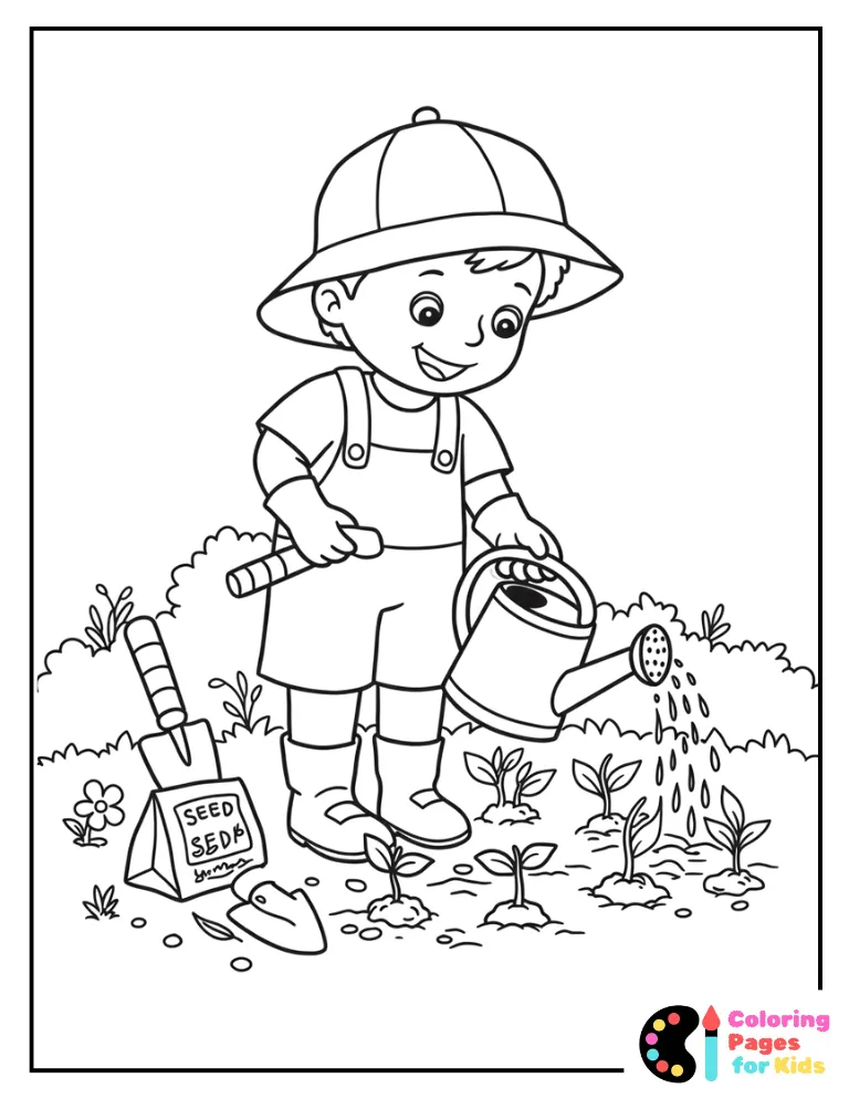 Spring Coloring Pages for Kids (Free PDF Printable) 6 Planting Seeds in the Garden Coloring Page