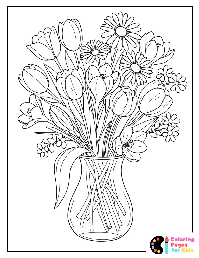Spring Coloring Pages for Kids (Free PDF Printable) 4 Pretty Spring Flowers in a Vase Coloring Page