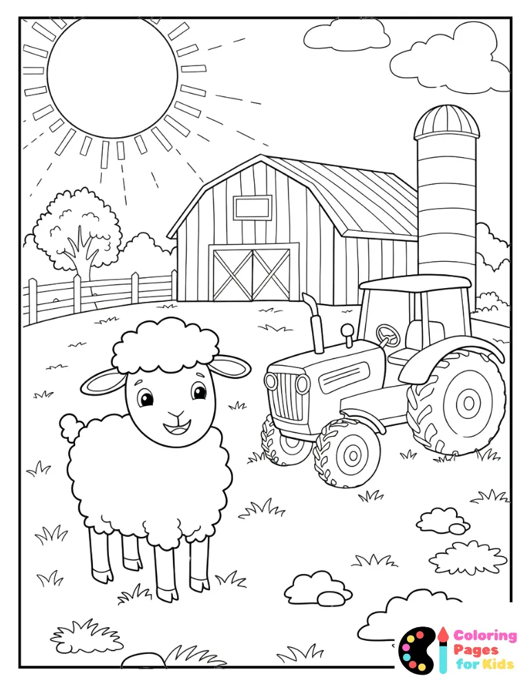 Spring Coloring Pages for Kids (Free PDF Printable) 3 Spring Day on the Farm with Lamb and Tractor in Front of Barn Coloring Page
