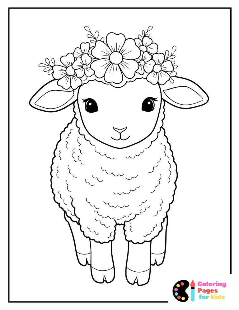 Springtime Lamb with Flower Crown Coloring Page