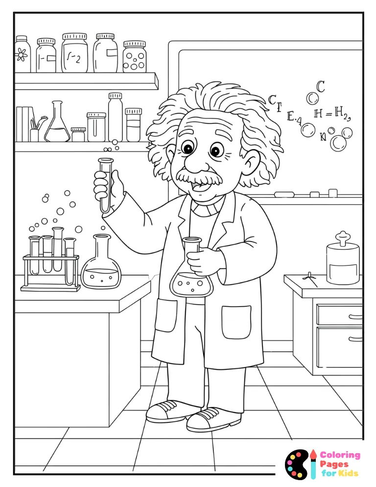 albert einstein doing science experiment coloring page