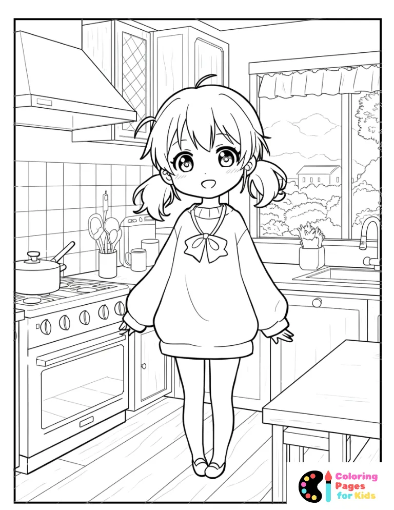 anime girl in cozy kitchen coloring page