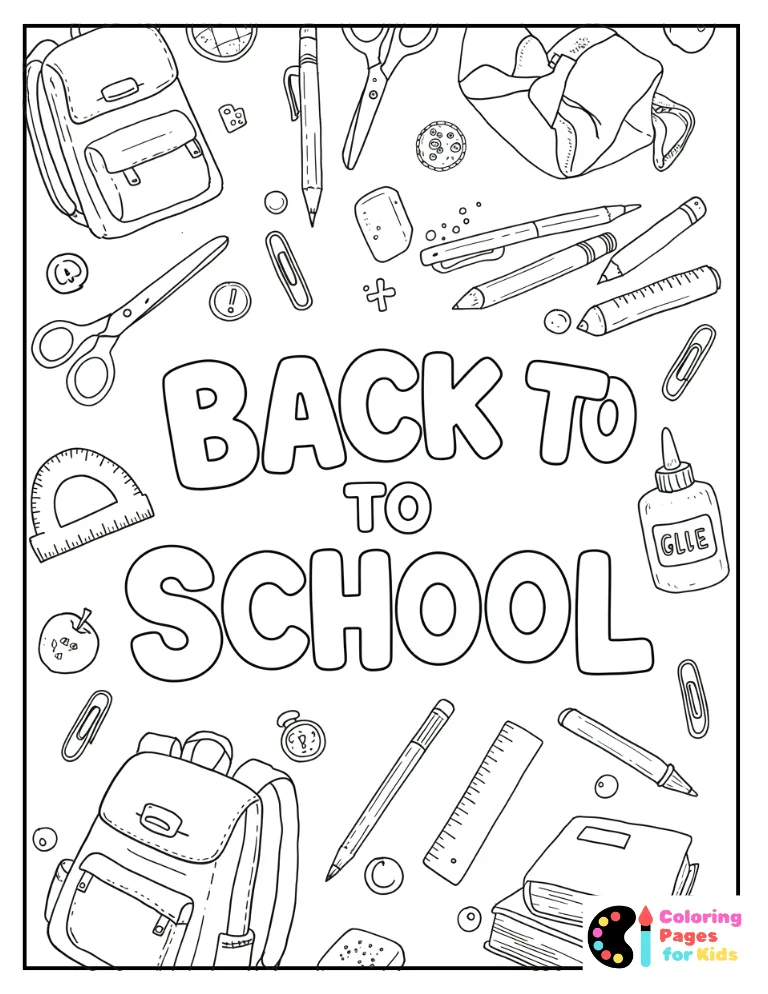 back to school script surrounded by school materials coloring page