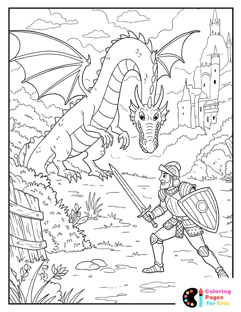 brave knight confronting a dragon coloring page