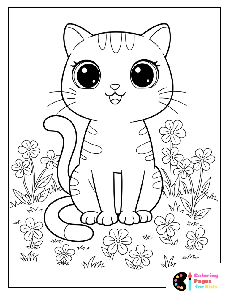 cartoon cat with flowers coloring in for preschoolers