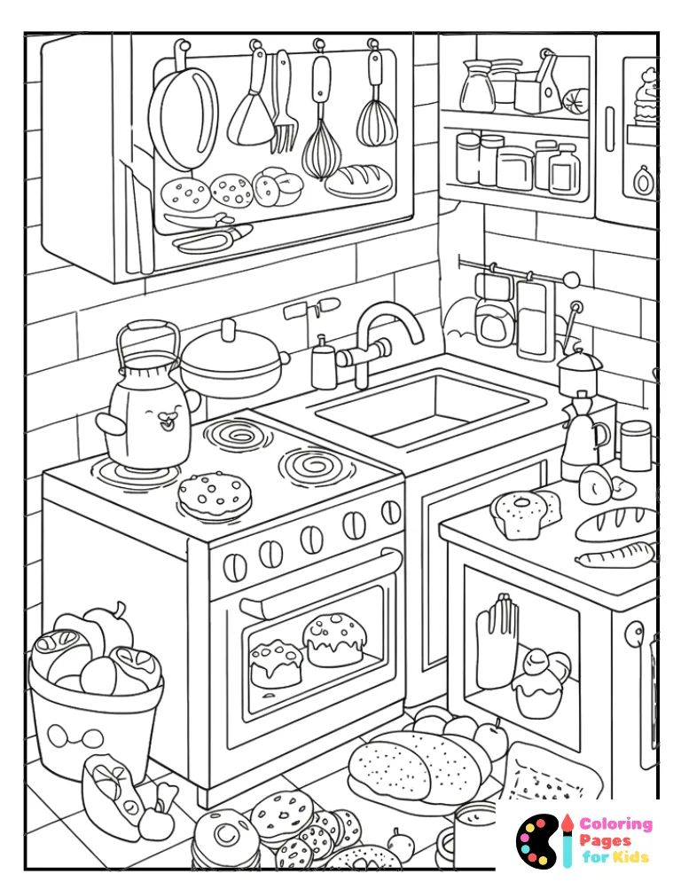 cartoon kitchen with food coloring page