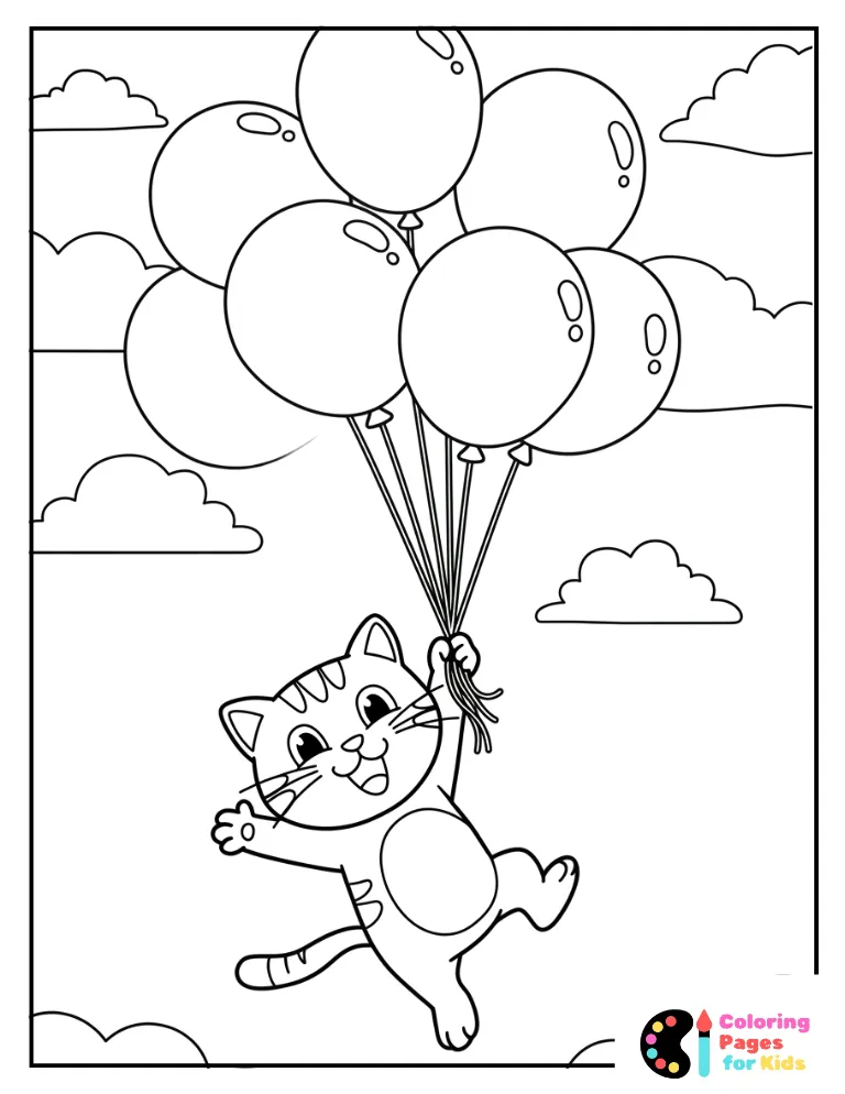 cat flying with balloons in the sky coloring page