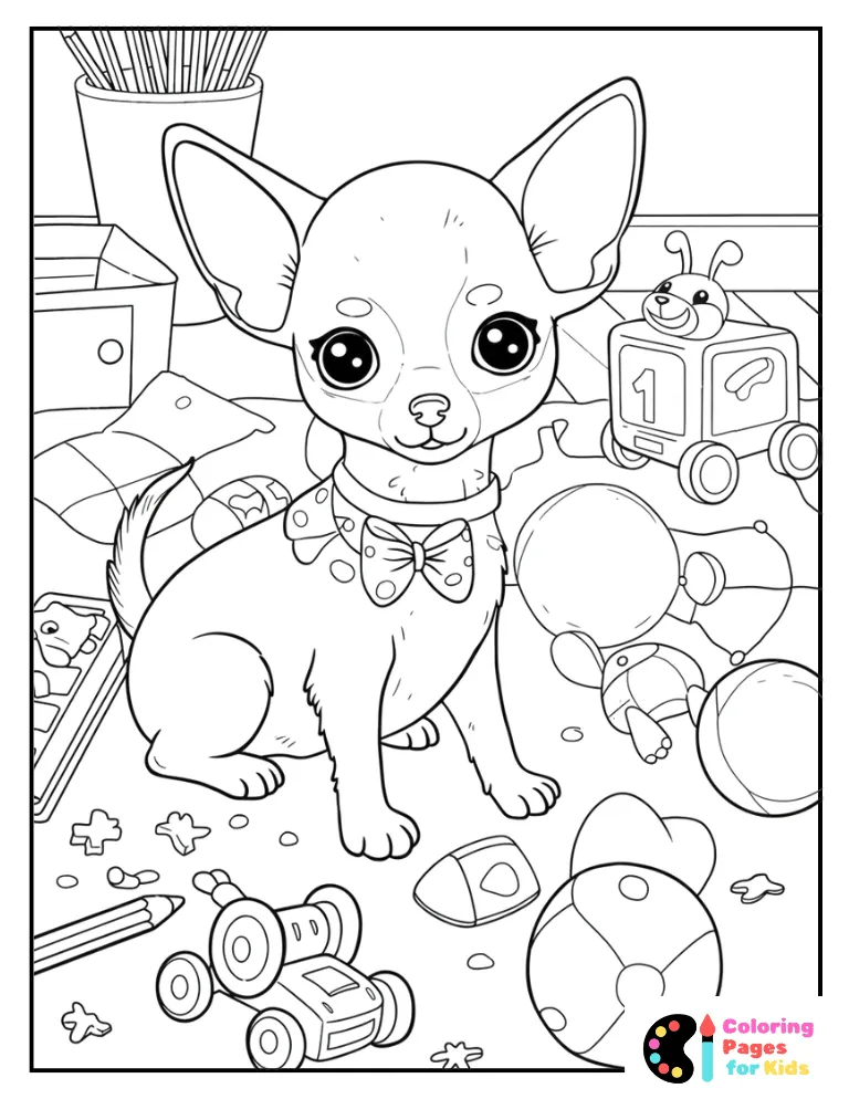 chihuahua puppy wearing a bowtie in a room full of toys