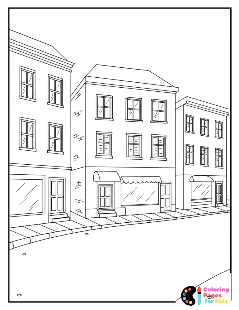 Architecture Coloring Pages for Kids (Free PDF Printable) 10 city street with shops and apartments coloring page