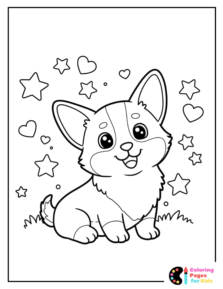 corgi pup with floating hearts