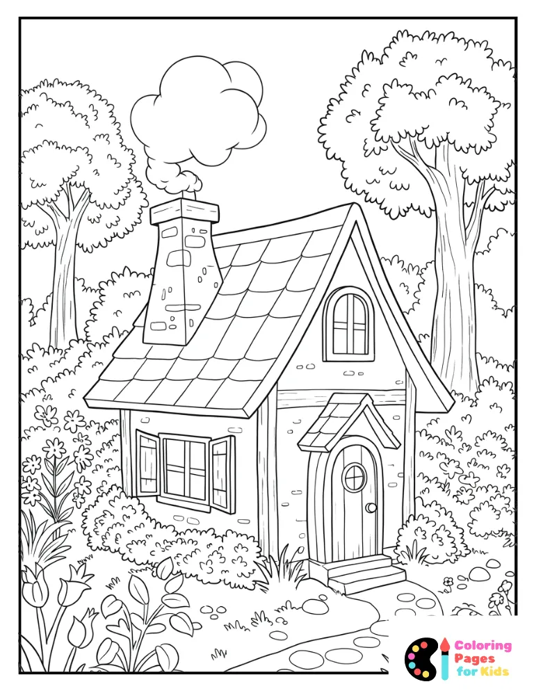 cottage with lush plants coloring page