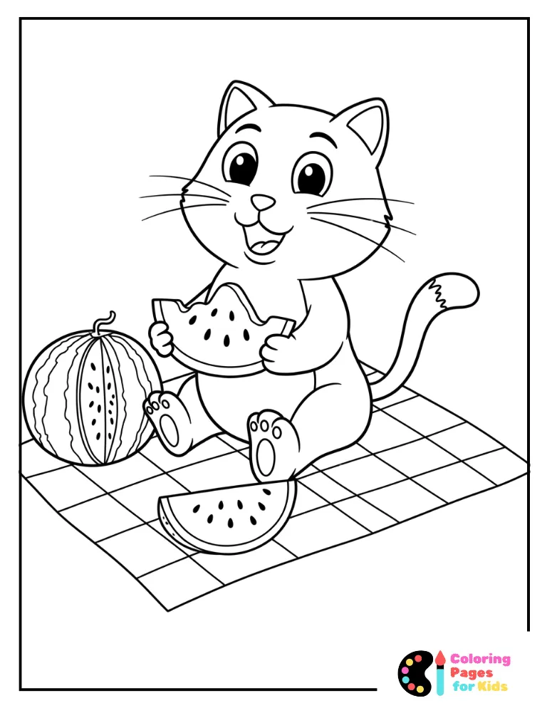 cute cat eating watermelon at picnic coloring page