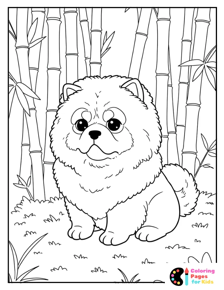 cute chow chow puppy relaxing in a bamboo garden