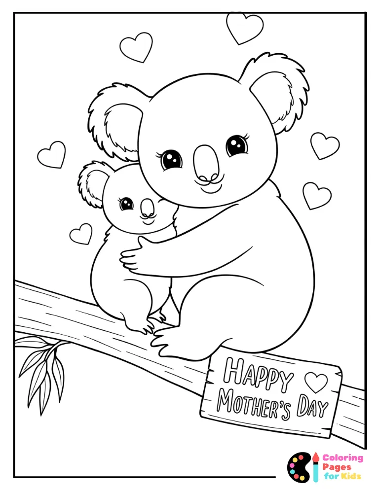 cute mom and baby koala mother’s day coloring page