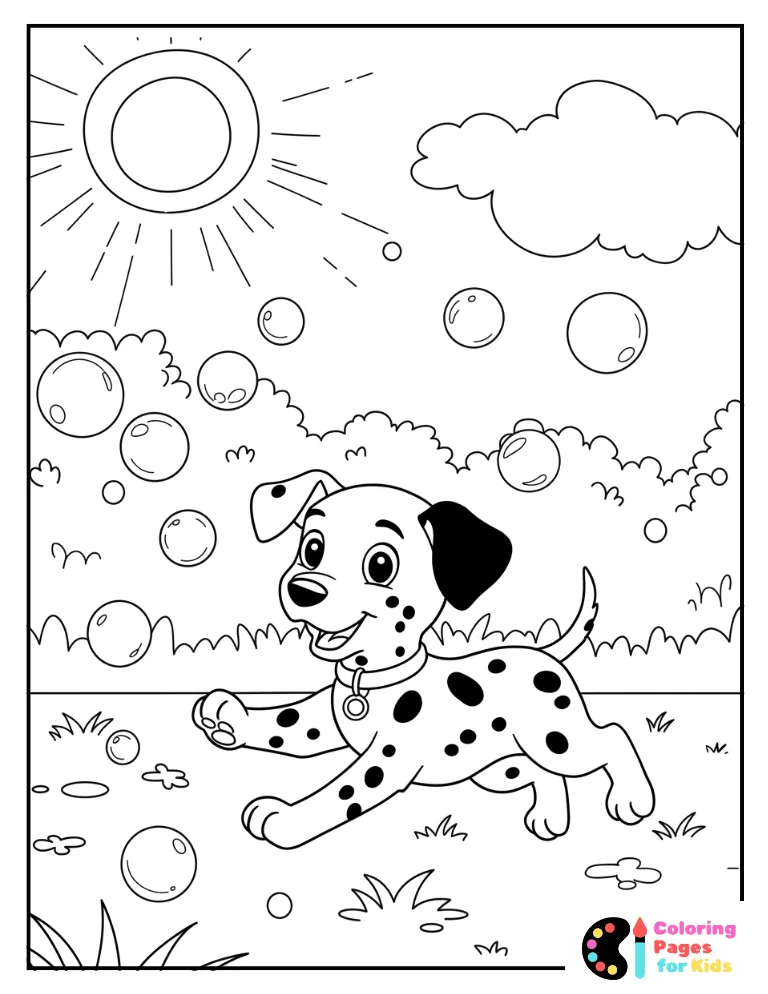 dalmatian puppy joyfully chasing bubbles at the park