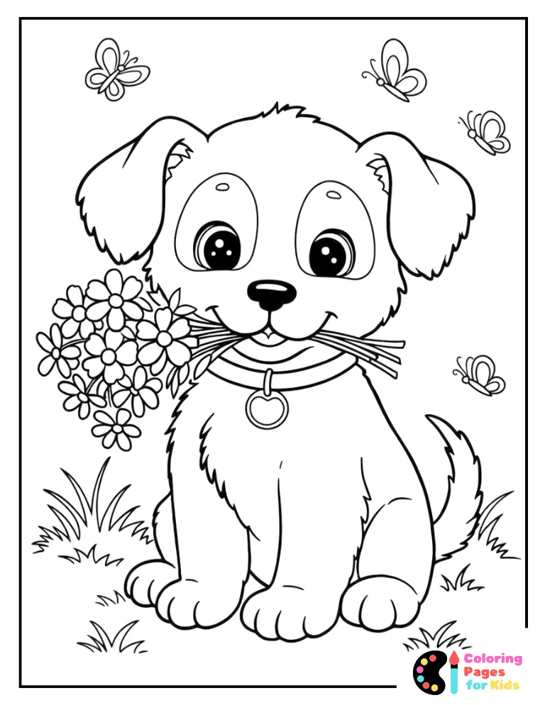 dog holding flowers for mom coloring page