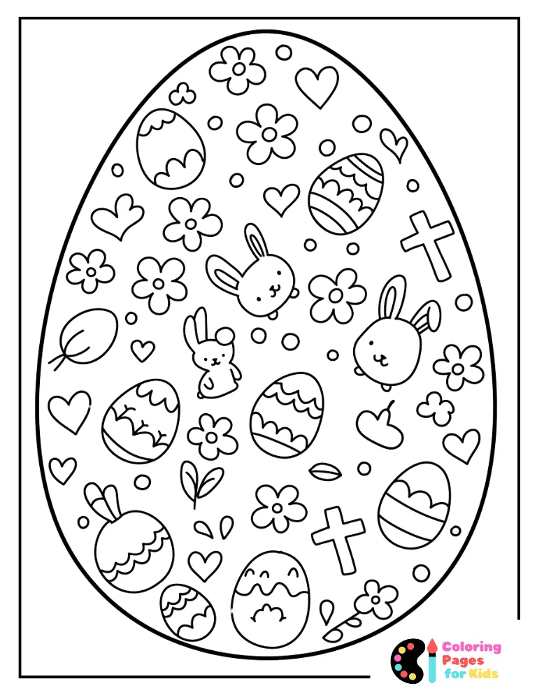 Easter Egg Coloring Pages for Kids (Free PDF Printable) 13 doodle easter egg with bunnies, crosses, and flowers coloring page