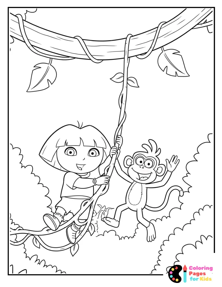 dora and boots swinging from vine in jungle