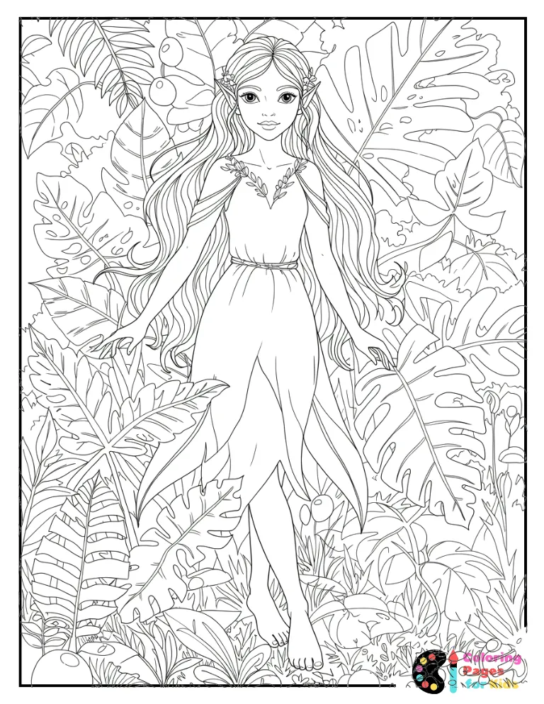 elegant elf surrounded by autumn leaves coloring page