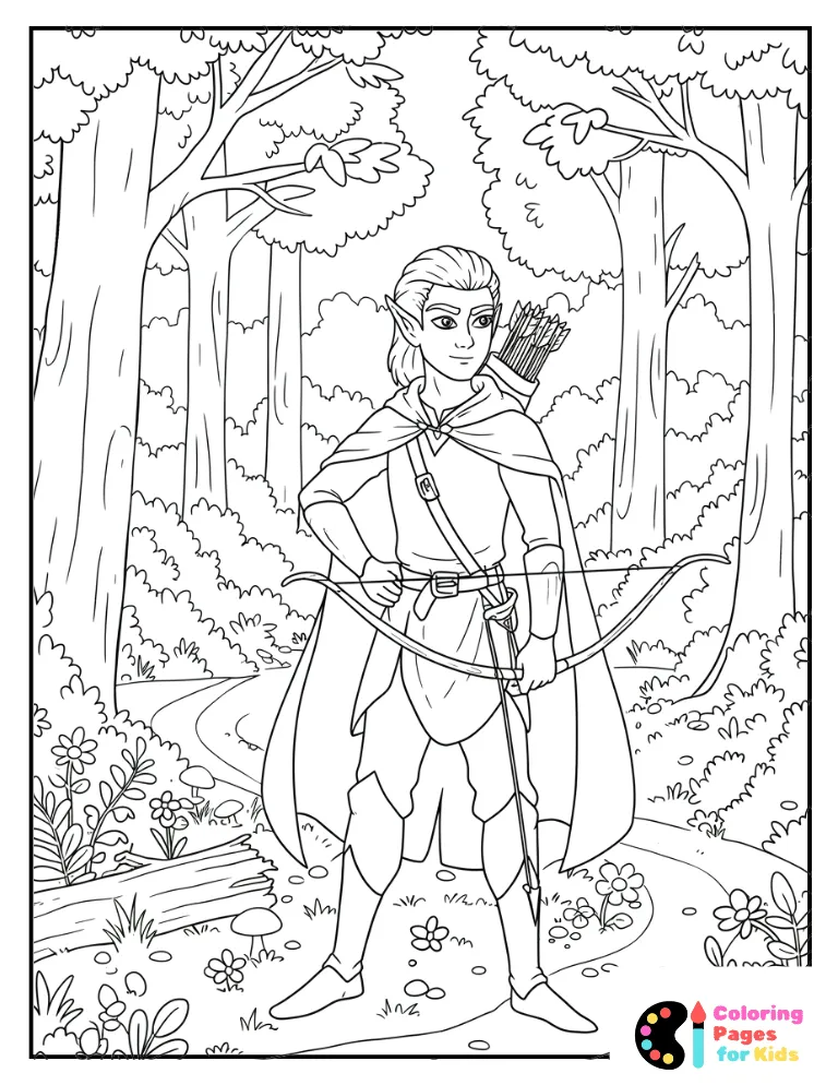 elf girl with bow in woodland coloring page
