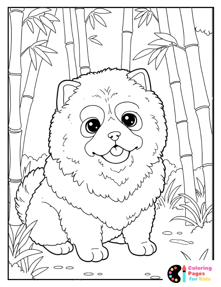 fluffy chow chow puppy in a peaceful bamboo setting