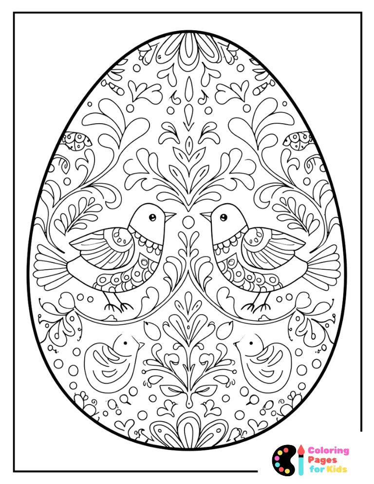 Easter Egg Coloring Pages for Kids (Free PDF Printable) 7 folk art easter egg with birds coloring page