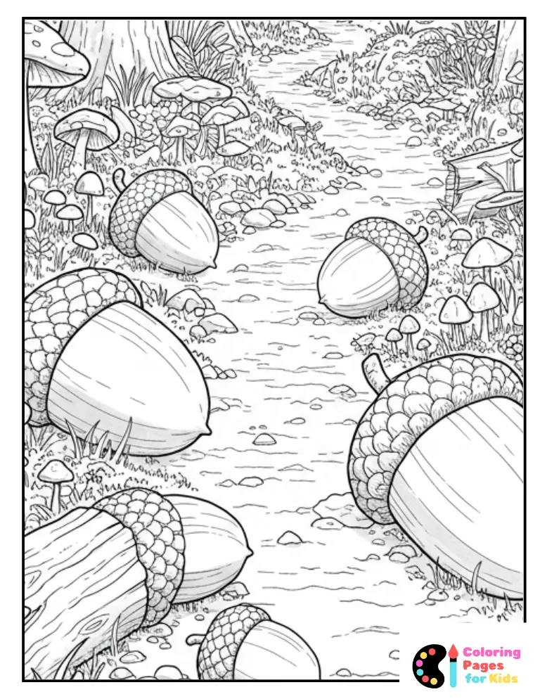forest trail with acorns coloring page