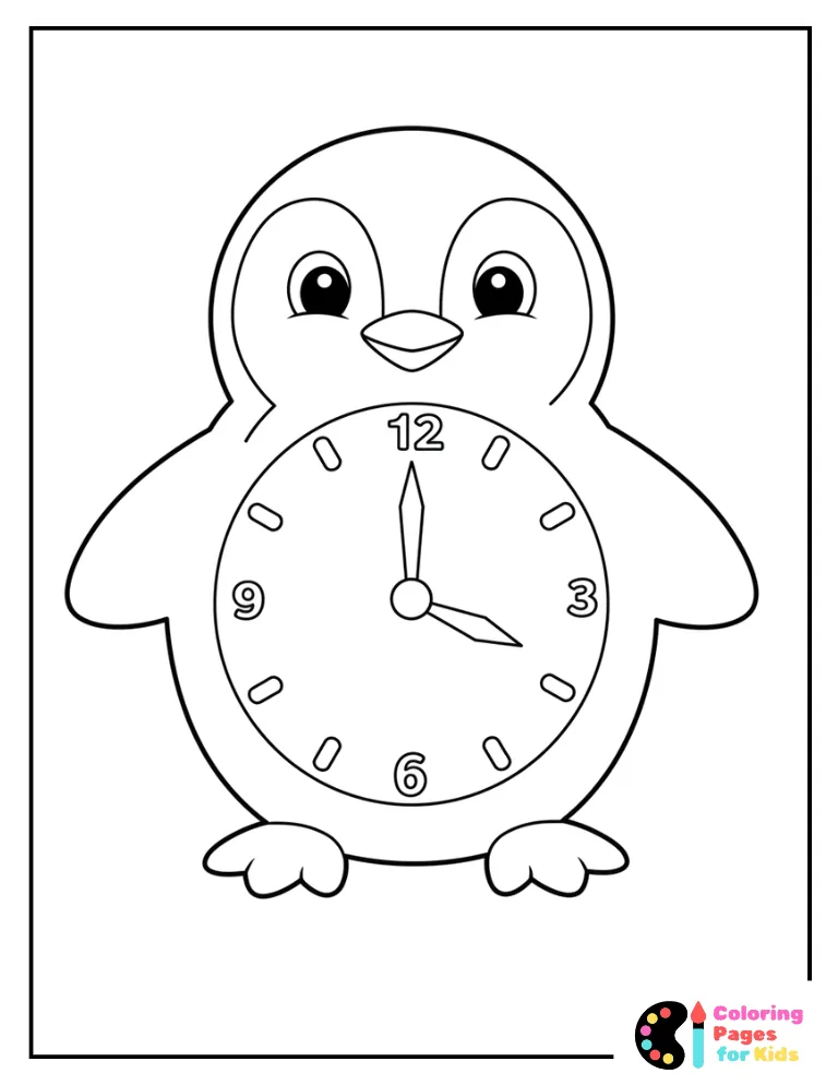 fun penguin-shaped clock for kids to color