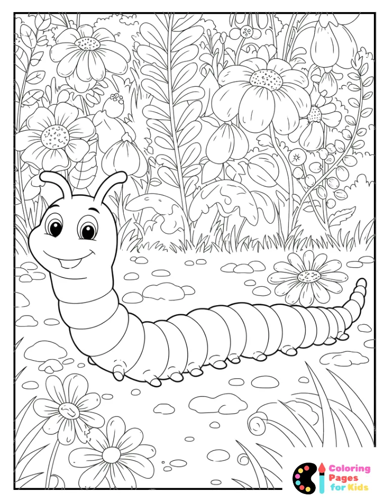 garden worm crawling through leaves coloring sheet