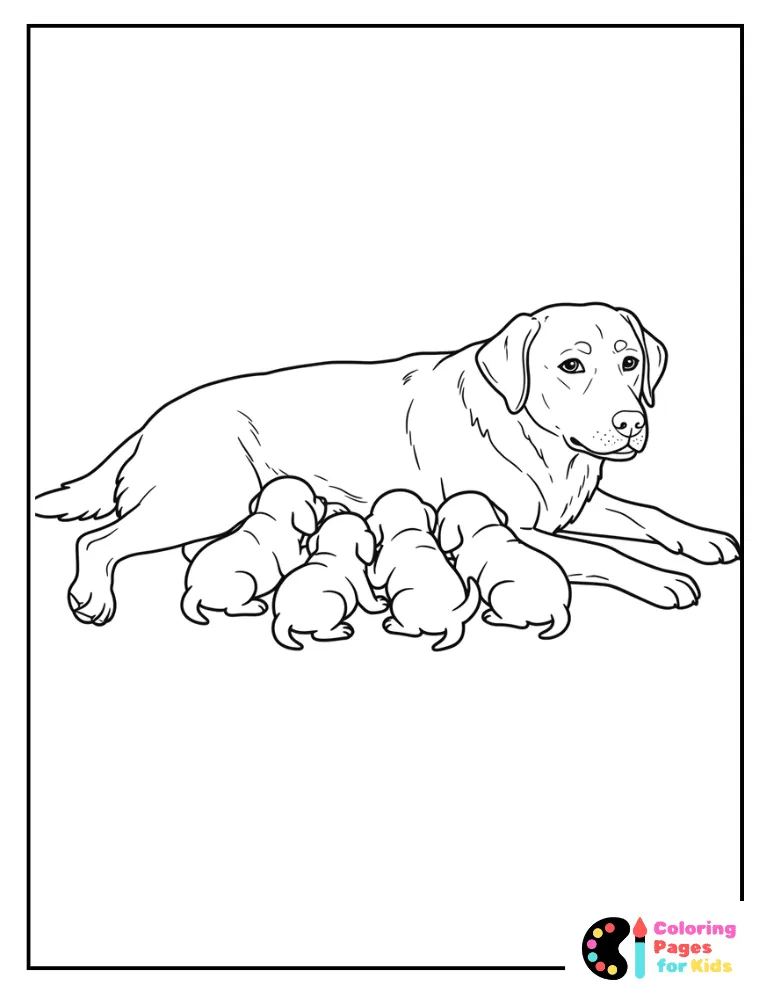 gentle mama dog snuggling with her litter of pups