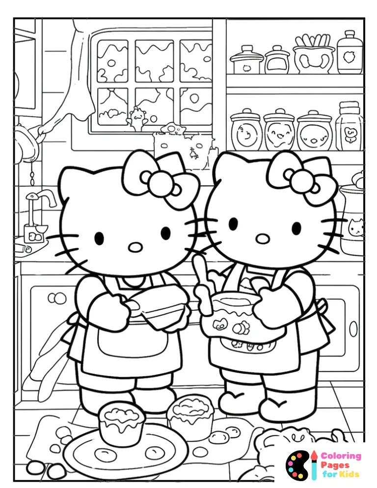 hello kitty and friend baking coloring page