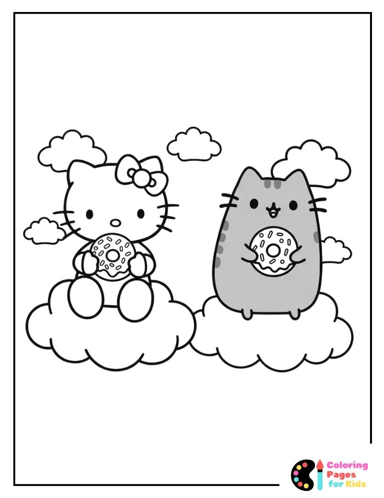 hello kitty and pusheen eating donut on clouds