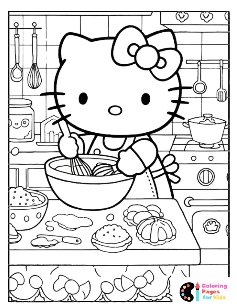 hello kitty baking in the kitchen coloring sheet